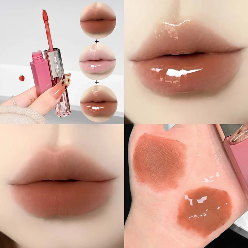NEW 1Pc Cappuvini Double Head Nude Mousse Lip Mud Velvet Matte Lipstick Mirror Lip Tint Water Gloss Raincoat Lip Oil Non Stick