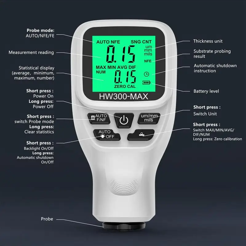 HW300-Max Car Paint Film Automatic Thickness Gauge 0-2000UM FE/NFE Coating Thickness Tester Manual Automotive Paint Tools Meter