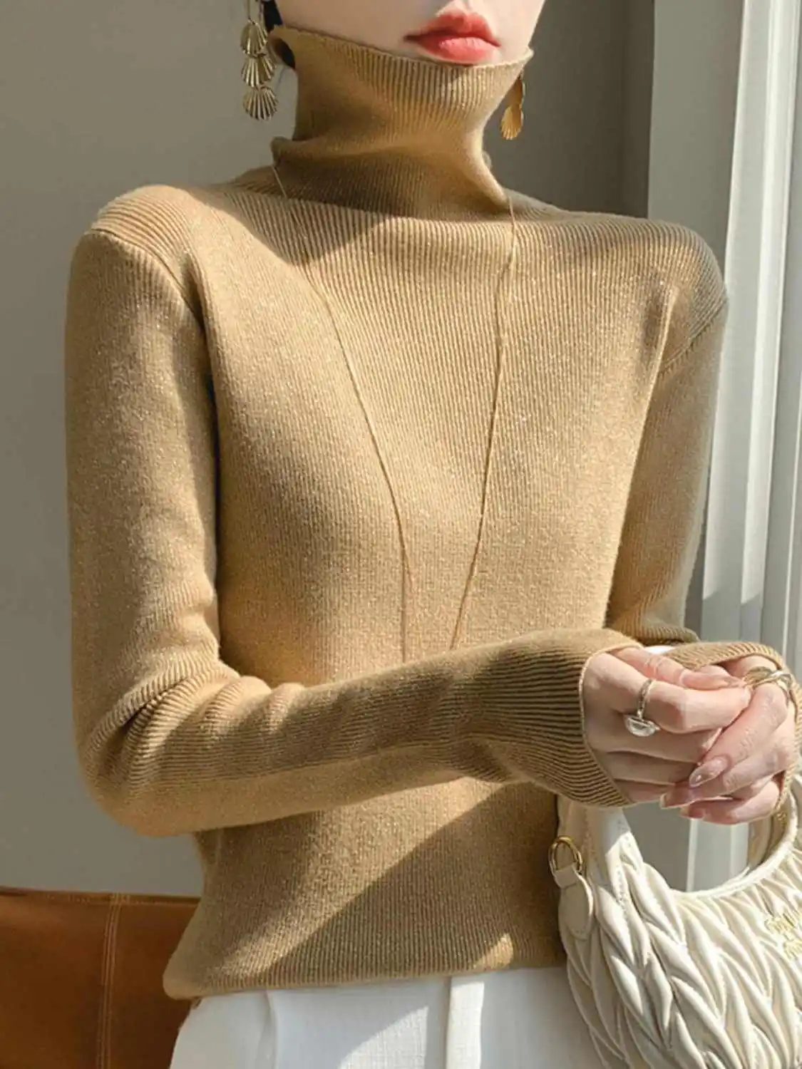 Gold and Silver Silk Base Shirt Women\'s Inner Top Popular High Neck Sweater Pile Neck Knit Sweater