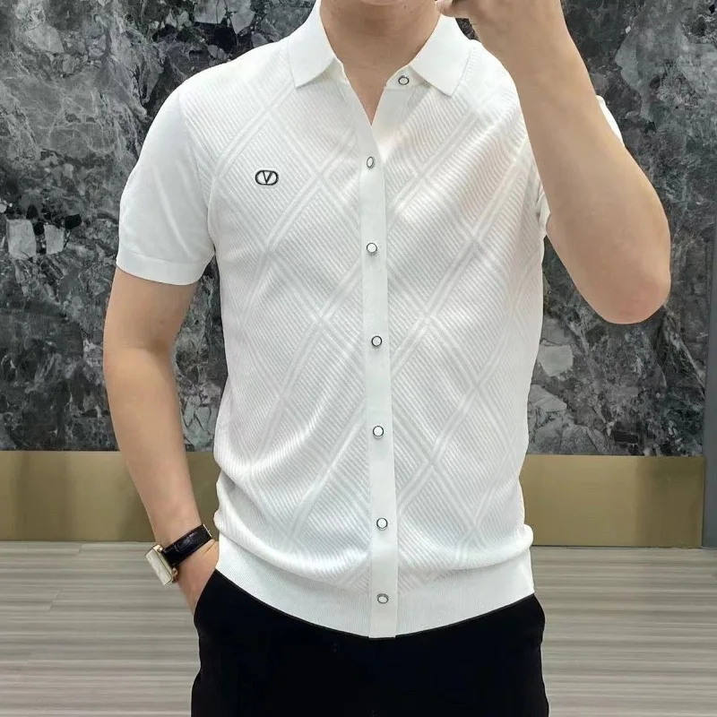 Trend Summer Men\'s Solid Color Jacquard Weave Turn Down CollarShort Trendy Brand Knitted Single Breaked Smart Casual T-shirt Top