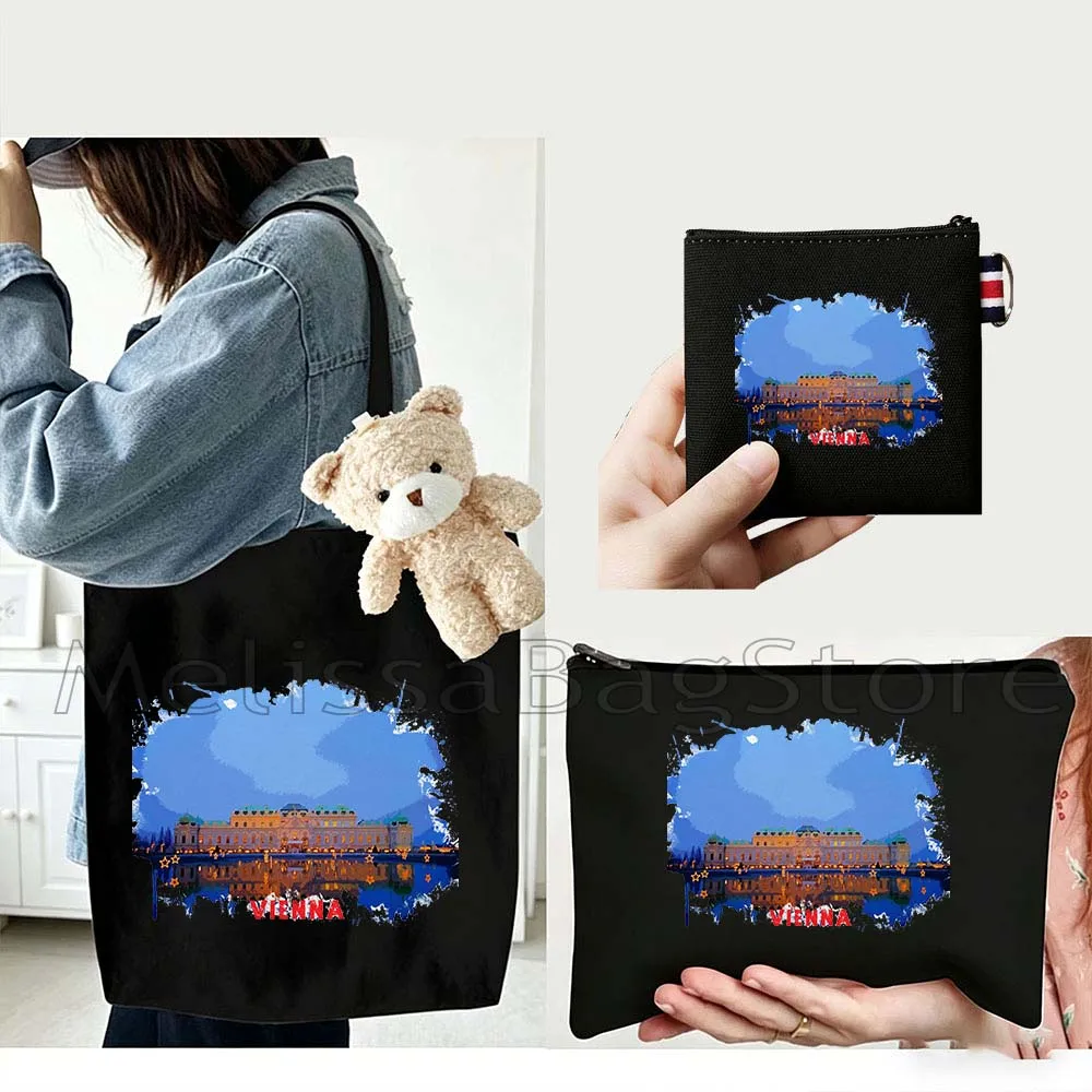 4PCS Gifts Set Vienna Austria Black Canvas Tote Bag Handbag with Doll Key Coin Purse Cosmetic Makeup Toilet Bag Case Pouch