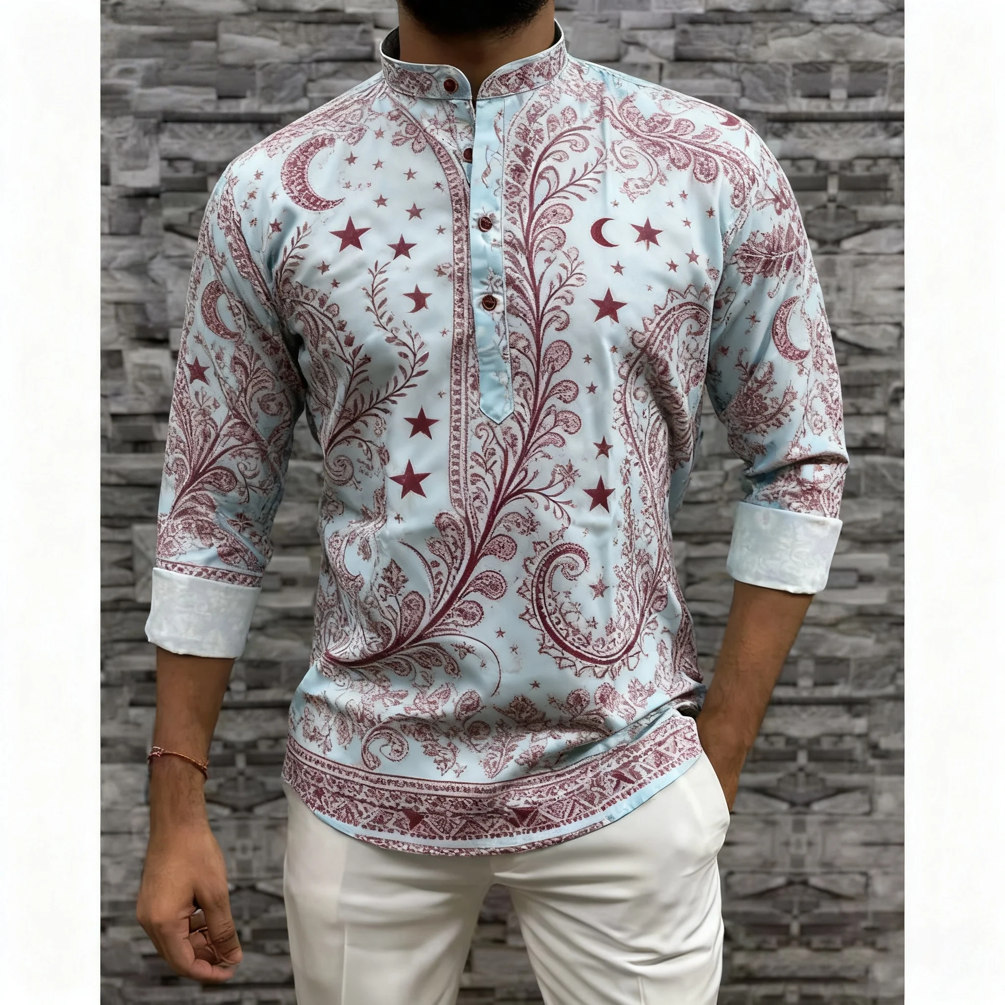 الرجال المسلمات الإسلامية العربية عباية طويلة الأكمام قميص العرقية طباعة الوقوف طوق الشباب 2026 معطف فاخر ملابس عصرية غير رسمية