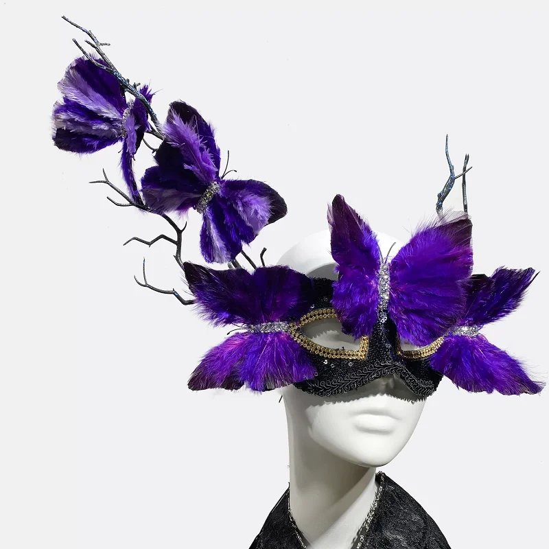 

European and American exaggerated tree branch masks, handmade feather butterfly Halloween carnival masks, dance party masks