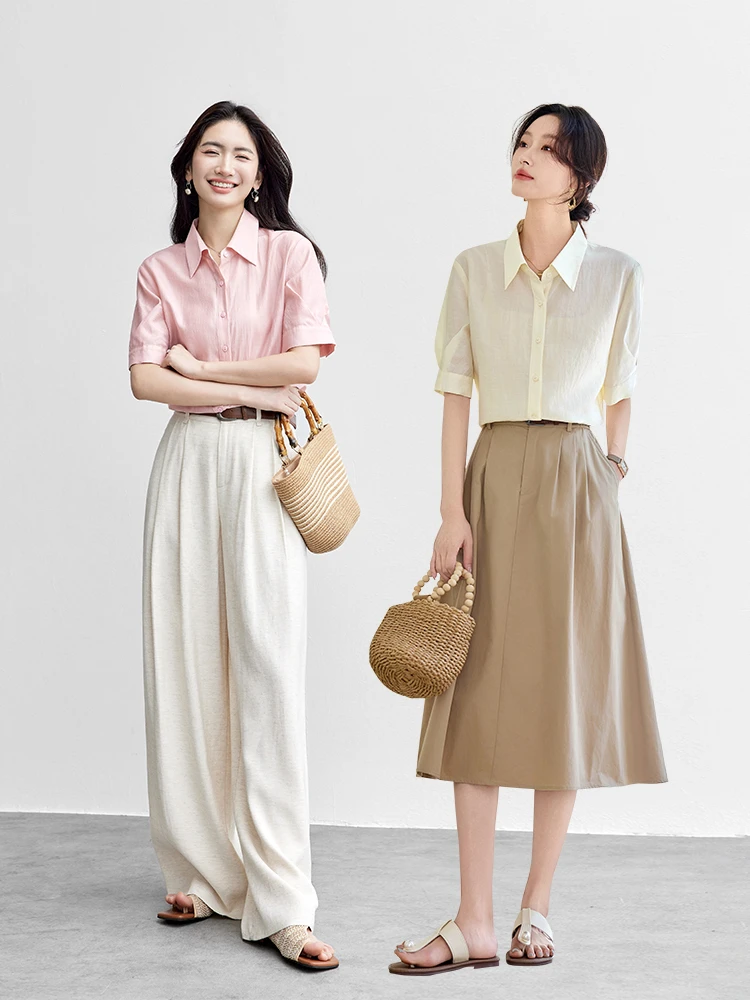 SENTUBILA Lyocell Silk Women's Commuter Shirt 2025 Summer Pleated Lapel Short Sleeve Loose Breathable Top 152C80560