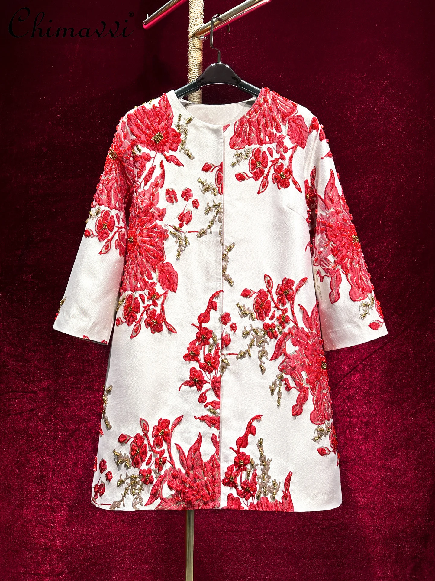 

Heavy Jacquard Embroidery Beaded Elegant Casual Loose Trench Coat Women Autumn New Fashion Round Neck Elegant Mid-Length Coat