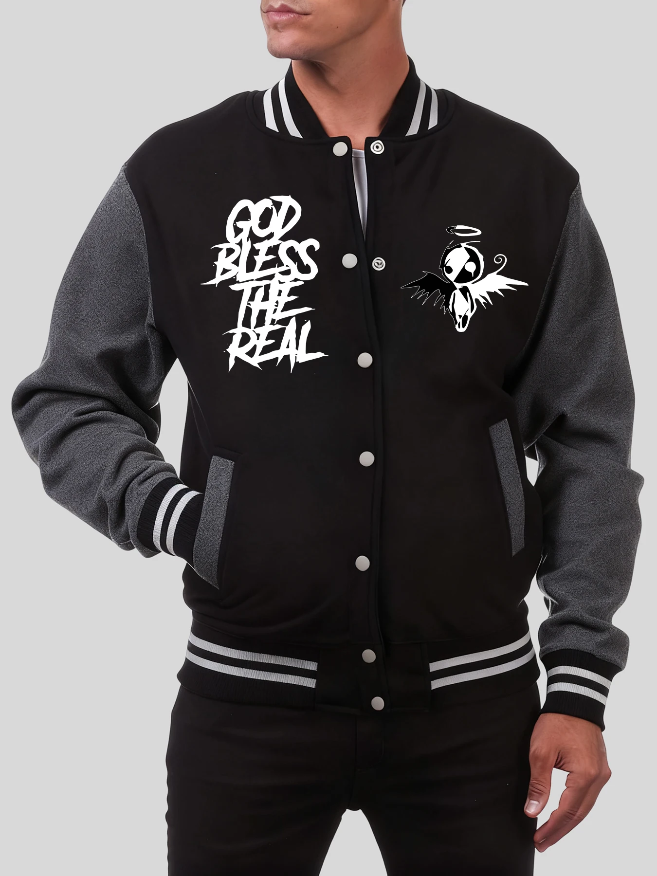 

God Bless The Real Printing Мужская бейсбольная форма Мягкая куртка с карманами Хип-хоп Негабаритные куртки Флисовая винтажная мужская одежда