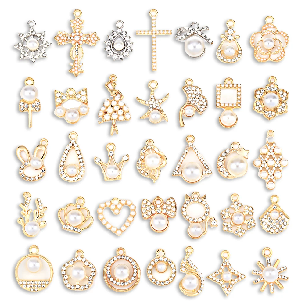 Mixed 10Pcs Pearl Heart Butterfly Flower Stars Bow Cross Charm Pendant For Jewelry Making DIY Earrings Necklace Accessories Gift