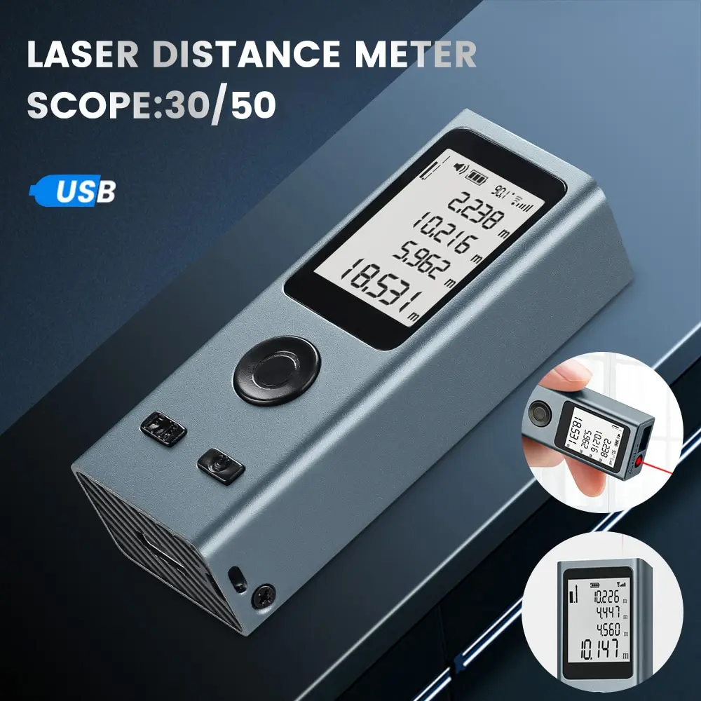 30M 50M Mini Laser Rangefinder Digital Tape Measure Laser Ruler USB Charge Aluminum Alloy Fuselage Measuring