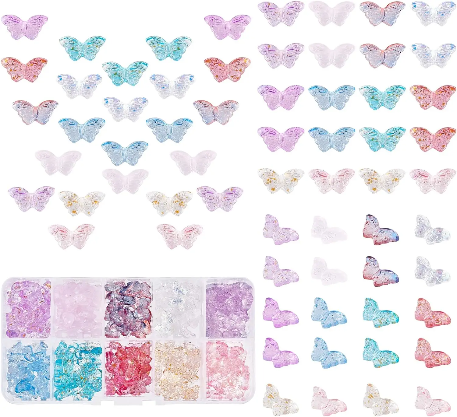 

200Pcs Crystal Butterfly Beads 10Colors Glass Transparent Butterfly Bead Charm Spray Painted Glass Beads Butterfly Backpack