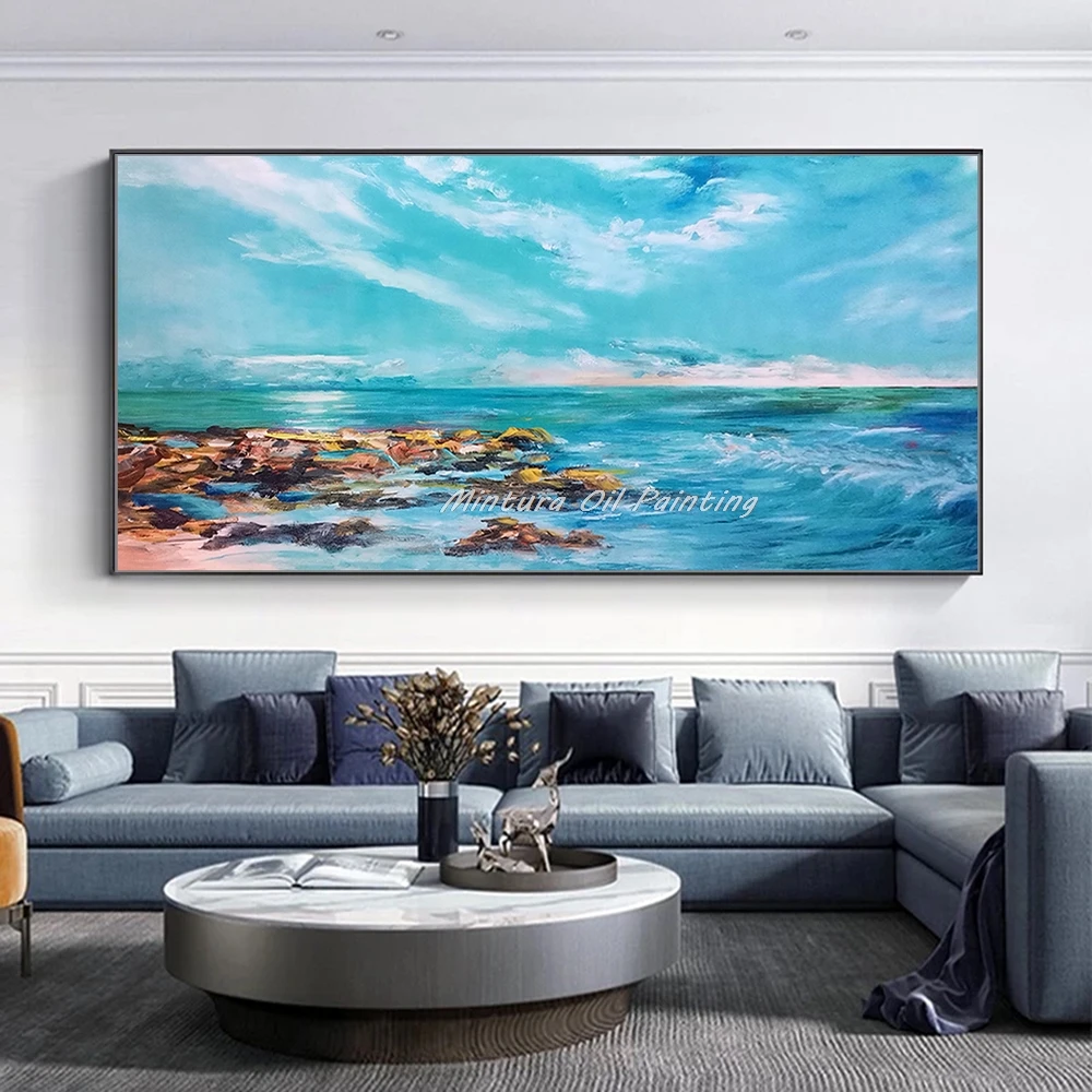 

Mintura Handmade Seascape Art Picture Modern Living Room Decoration Oil Paintings Textured Sea Scenery Art Posters Wall Hangings