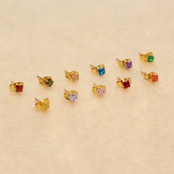 3mm Square Colorful Zircons Stainless Steel Stud Earrings Allergy-Free No Easy Fade 18 Colors For Choose Brief Style