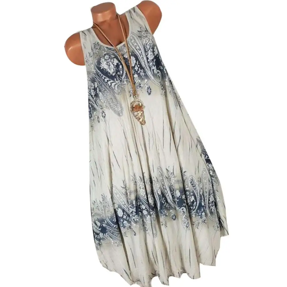 Hot Sales!!! Women Summer Floral Print Round Neck Sleeveless Loose Pleated Plus Tank Dress