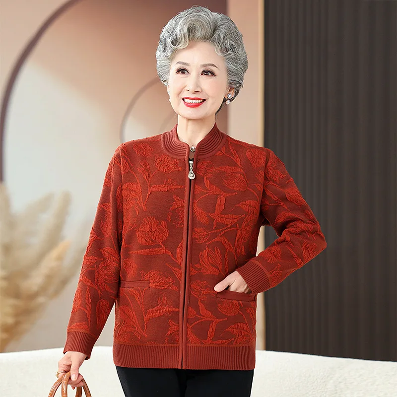 Plus Size Women Printing Knitting Cardigan Coat Middle Aged Mother's Slim Sweater Jacket Grandma Winter Plush Warm Clothing