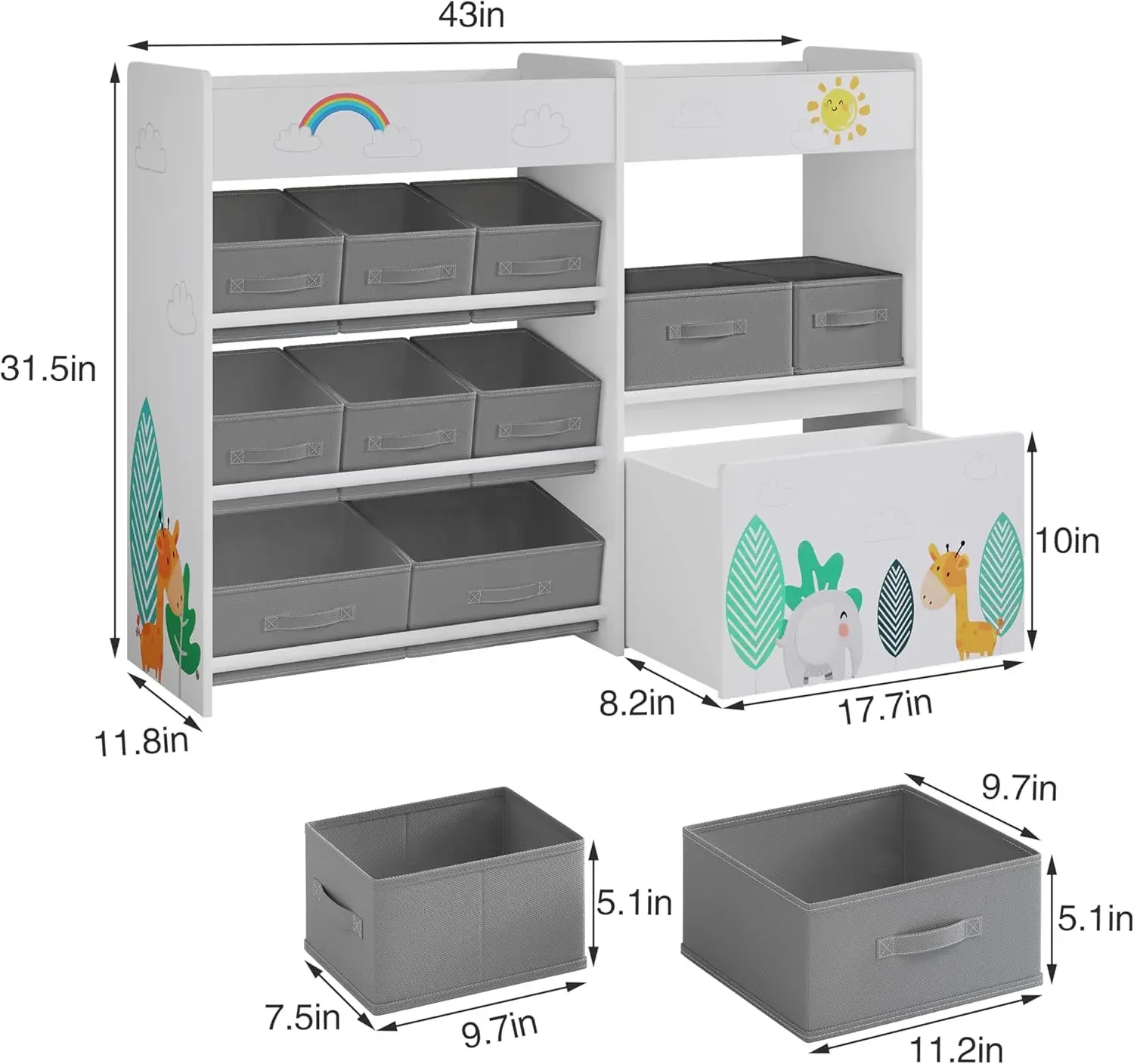 Storage Organizer, Toy Bookshelf with 10 Fabric Bins and Movable Toy Chest, Toy Storage Cabinet for Playroom, Bedroom, Nurse