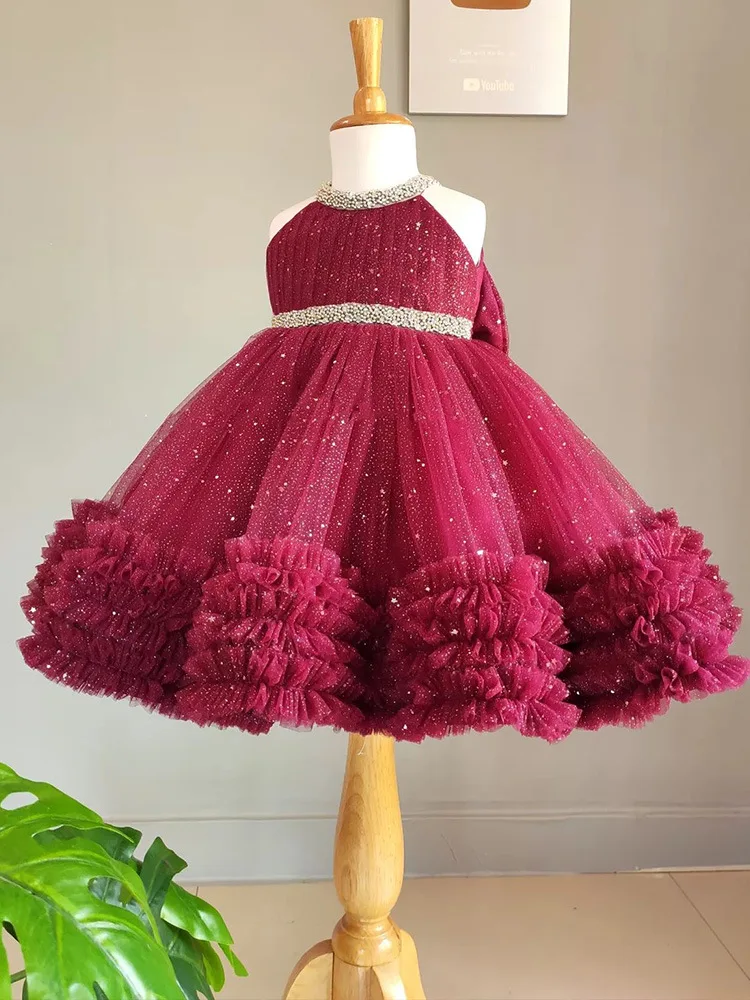 

Kids Dresses Luxurious Girls Shiny halter Sleeveless Princess Wine red Children Wedding Flower Girl baby Birthday Party Dress