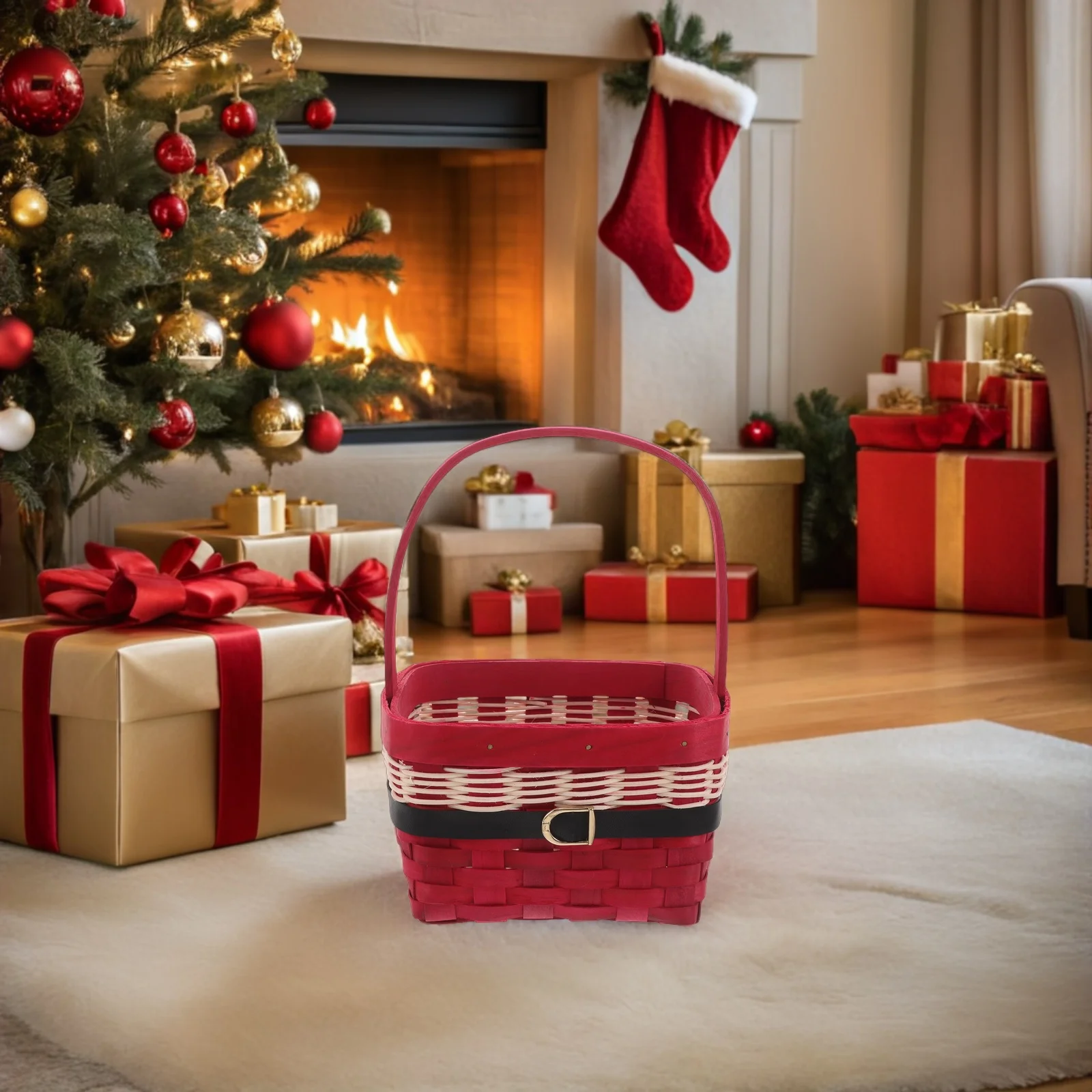 

Christmas Basket Hand-Woven Square Woven Fruit Vegetable Storage Organizer Portable Xmas Basket with Handle for Table