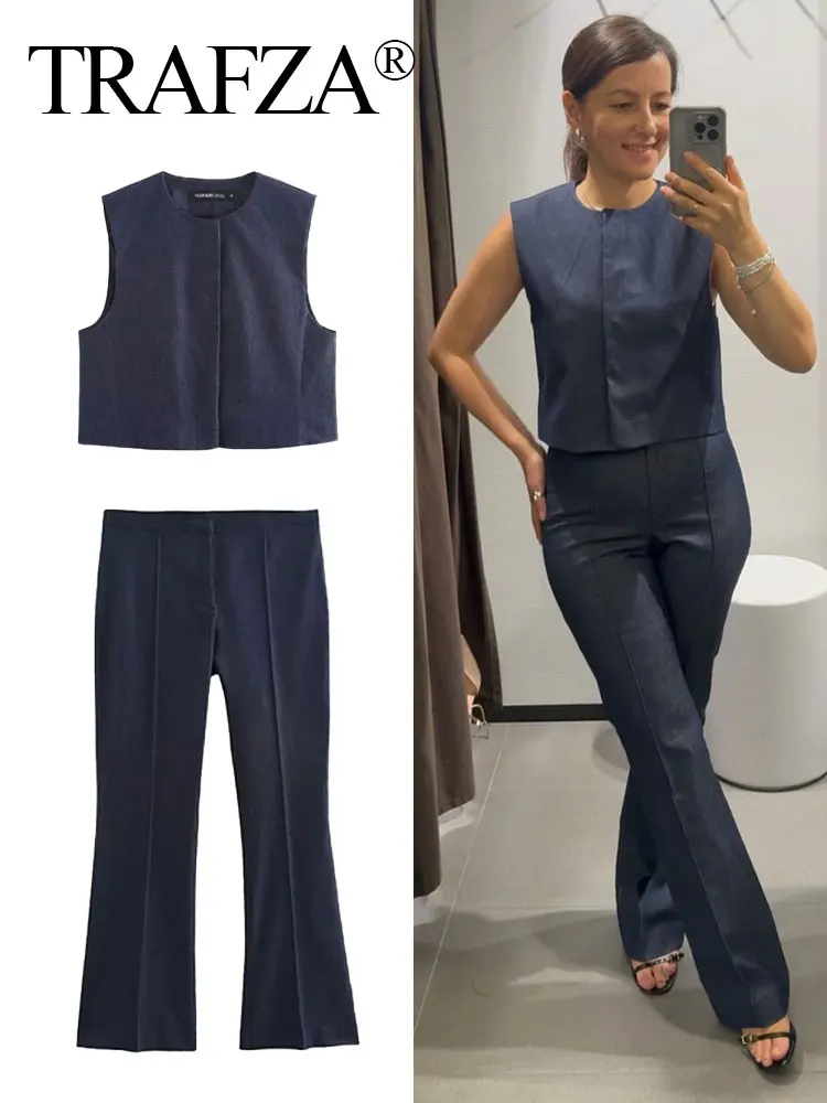 TRAFZA Female Set Navy Blue O-Neck Sleeveless Single Breasted Waistcoats+Mid-Waist Zipper Pants Autumn Suit Woman 2024 Trendy