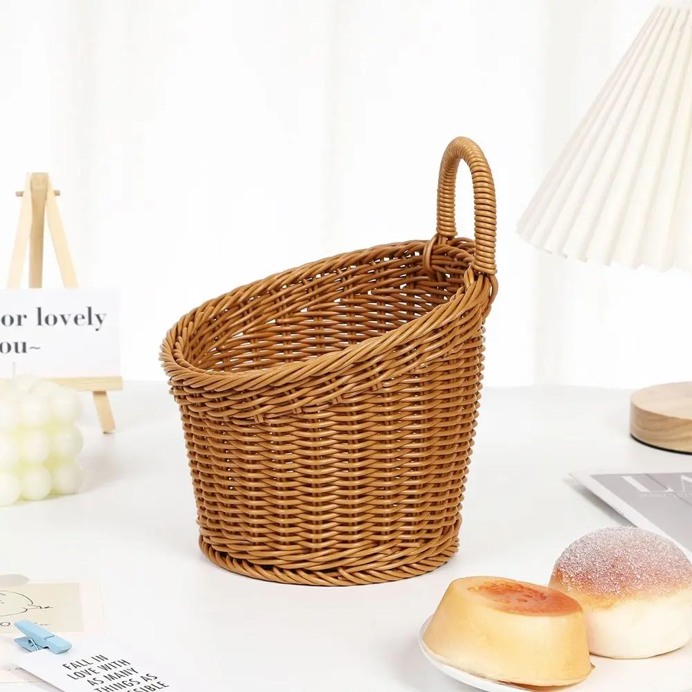Imitation Rattan Kitchen Storage Basket Home Decoration with Handle Hand-woven Hanging Baskets Vegetable Fruit Flower Brown