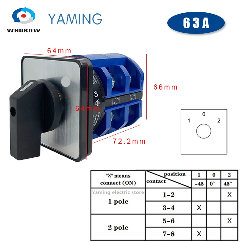 3 Position Rotary Switch 63A 690V 2 Poles 8 Screws Terminal Universal Changeover Cam Switches Silver Contact LW26-63/2