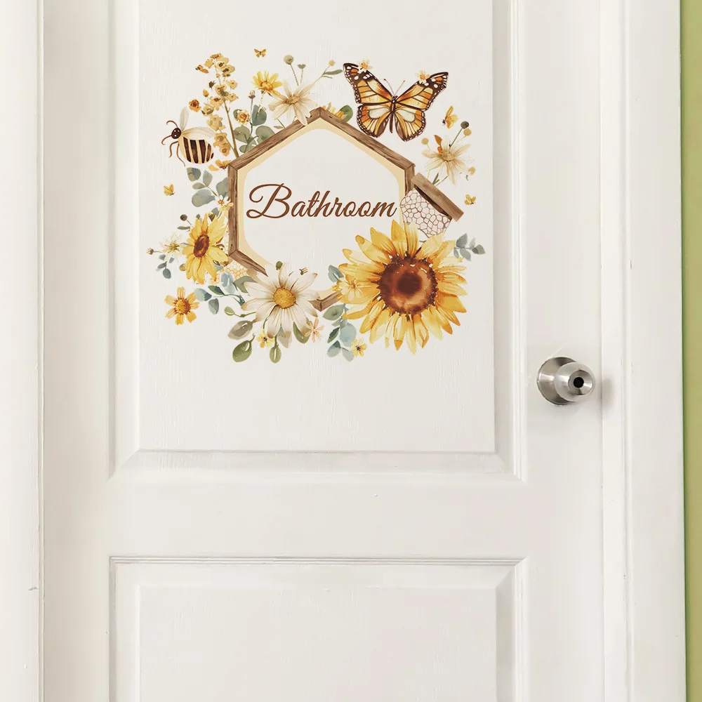 1pcs English Slogan Bathroom Sunflower Butterfly Bedroom Door Wall Sticker Wholesale Self-adhesive PVC Material