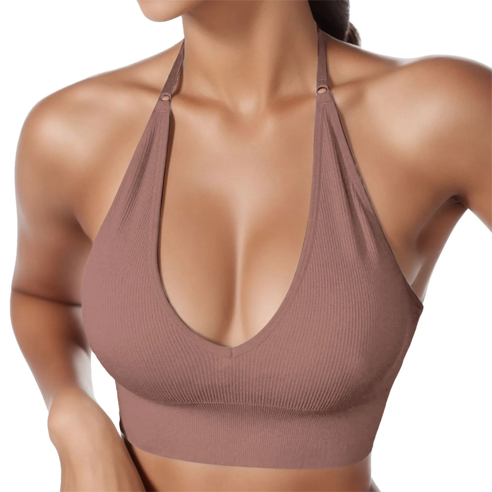 Women\'s Halterneck Sports Bra Backless Deep V Neck Sports Bustier Padded Sexy Gym Push Up Bra Backless Adjustable Straps