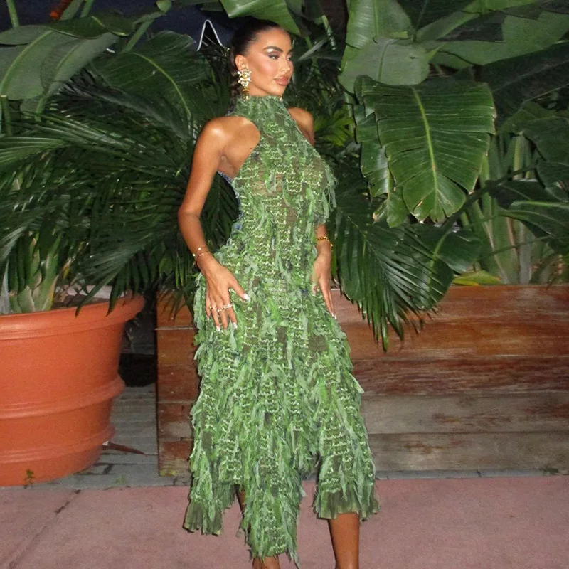 

2025 New Fashionable High Collar Sexy Hot Girl Hollow Out Back High Waist Tassel Splicing Long Dress for Women