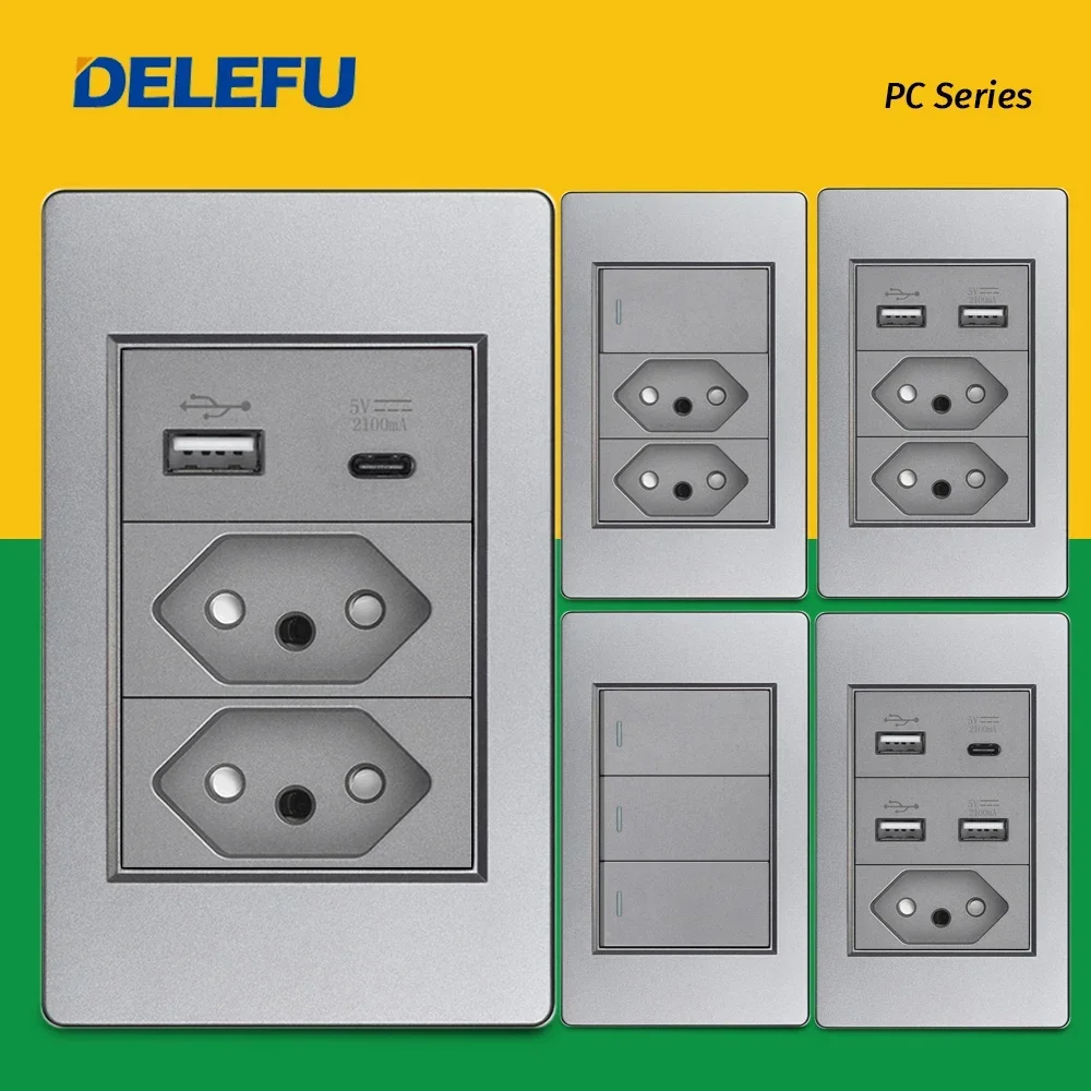 

DELEFU Grey PC Panel Brazil Standard Outlet Double USB Type C Wall Power Socket Light Switch Home Office Electrical Plug 10A 20A