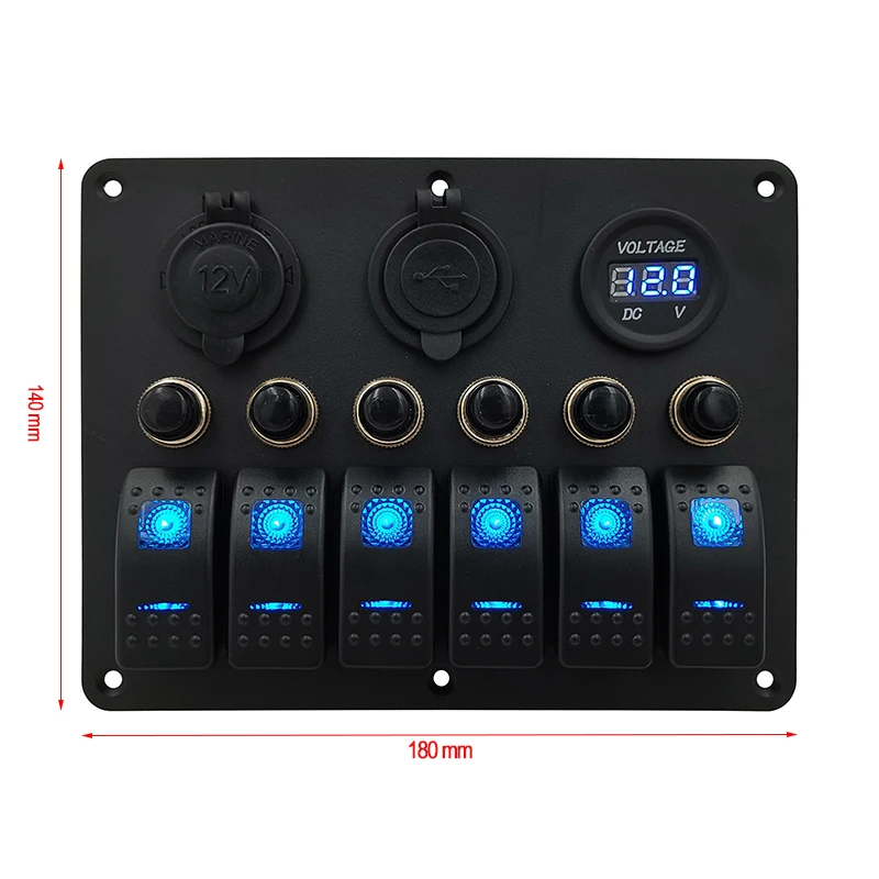 6 Gang Marine Boat Rocker Switch Panel Car Boat Blue Led 5Pin on off Toggle Switch Panel With Circuit Breaker