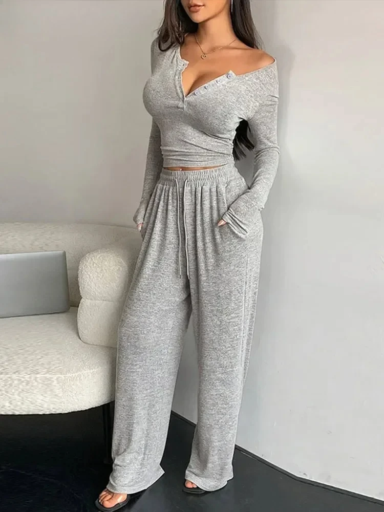 Sexy Button Pullover Pants Set Women Slim V-neck Long Sleeve Sweatshirt Drawstring Wide Leg Trousers  Spring New Lady Outfit