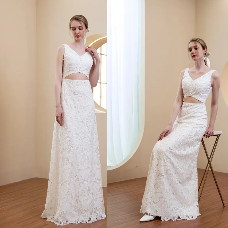 

French Style Outdoor Dress Wedding Reception Dress Simple LaceVOff-the-shoulder Lace Crop Top