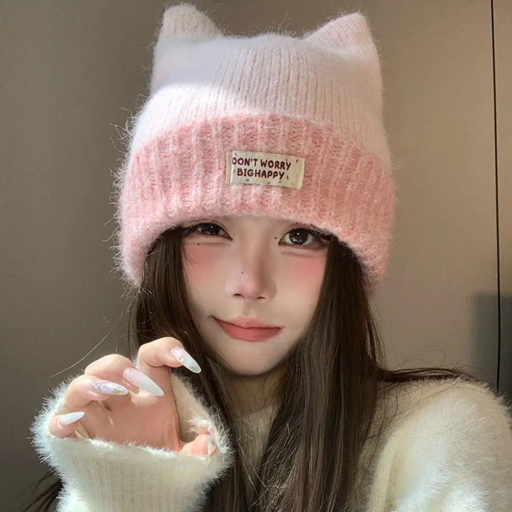 Polyester Cat Ear Beanie 56-58cm Cold Proof Fall Winter Knit Hat Ear Protection Warm Lining Earflap Hat For Students
