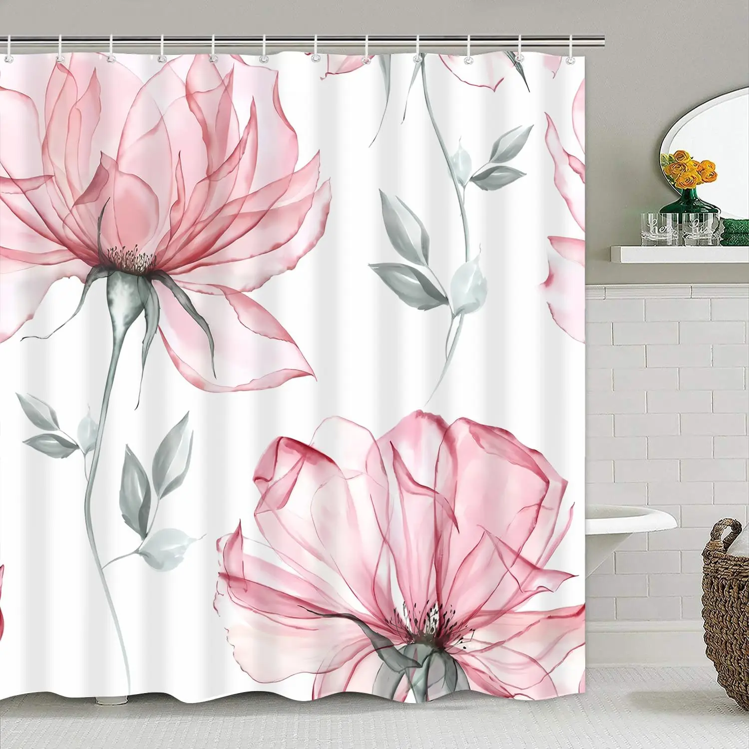 

Набор занавесок для душа с розовыми цветами из 4 предметов, набор для ванной комнаты с цветочными листьями, занавеска для душа и коврики, розово-белый минималистичный кукурт для ванны
