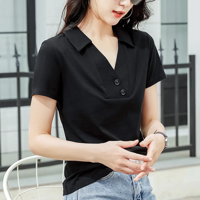 2023 Summer New Short Sleeve Women\'s T-shirt V-shaped Turndown Collar Cotton Button Cotton Comfortable Solid Color Top