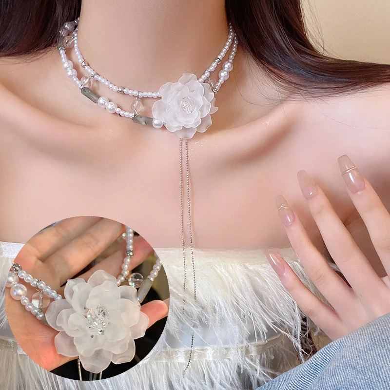 

White Camellia Double Layer Baroque Pearl Necklace Women Simple Temperament Pendants Ladies Party Elegant Vintage Choker Girls