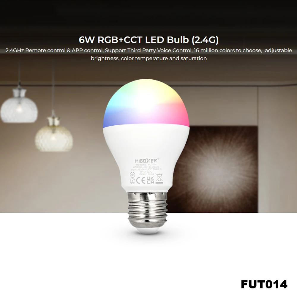 Miboxer FUT014 AC100-240V E27 Smart 2.4GHzRF TUYA  6W RGB+CCT Color Temperature/Brightness Adjustable APP Voice Control LED Bulb