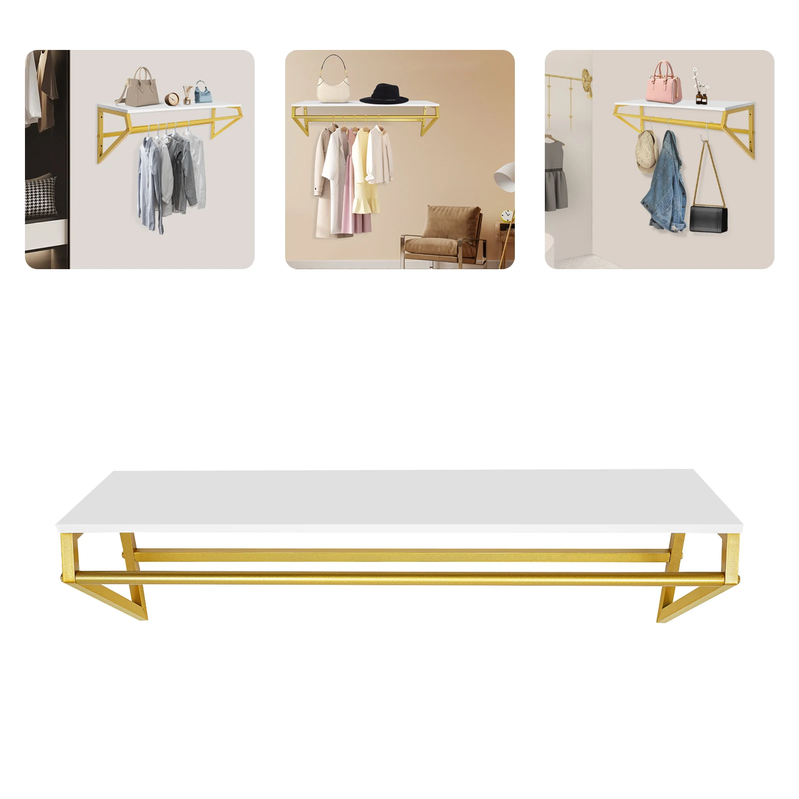 105*25*30cm Gold Wall-mounted Display Stand High Load-bearing Storage Rack Clothes Hanger with Top Rack
