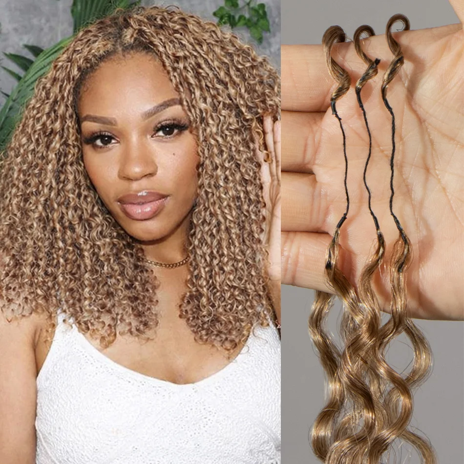 

Наращивание волос крючком из натуральных волос цвета медового коричневого, с мелкими спиральными кудрями, глубокие кудри в стиле пикси, плетение «птичье перо» в стиле бохо, невидимые узелки «чудо»