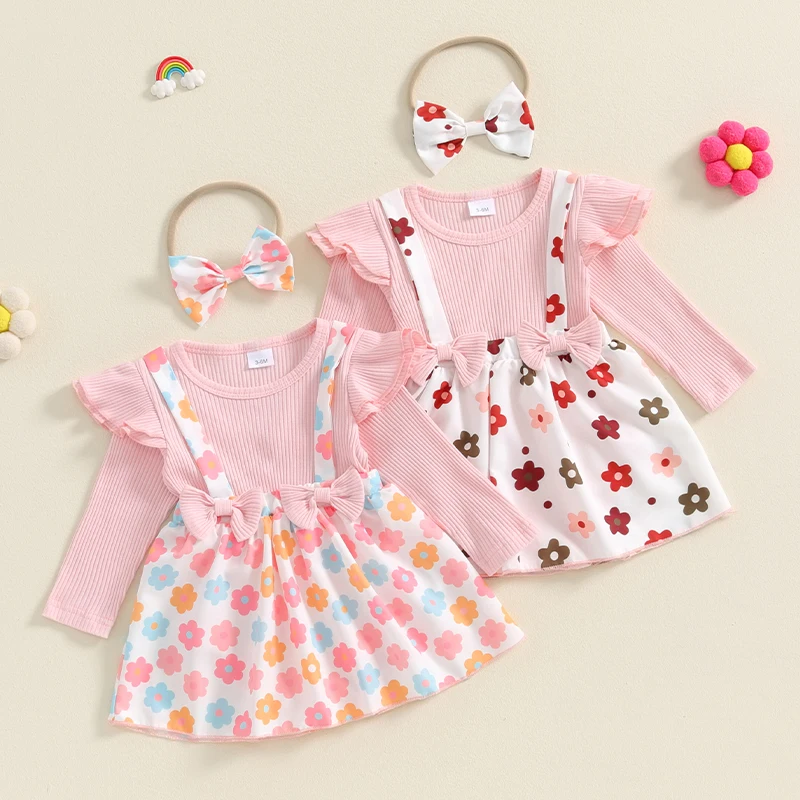 

Cute Baby Girls Rompers Dress Flower Print Long Sleeve Skirt Hem Jumpsuits Fall Clothes Bodysuits with Headband