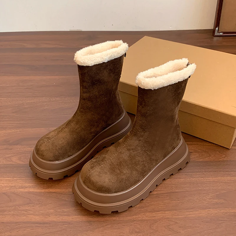 الفراء النساء الثلوج حذاء من الجلد الشقق الجلد المدبوغ أحذية منصة شتاء دافئ 2025 موضة قصيرة أفخم أحذية قطنية العلامة التجارية الجديدة Mujer Botas #4