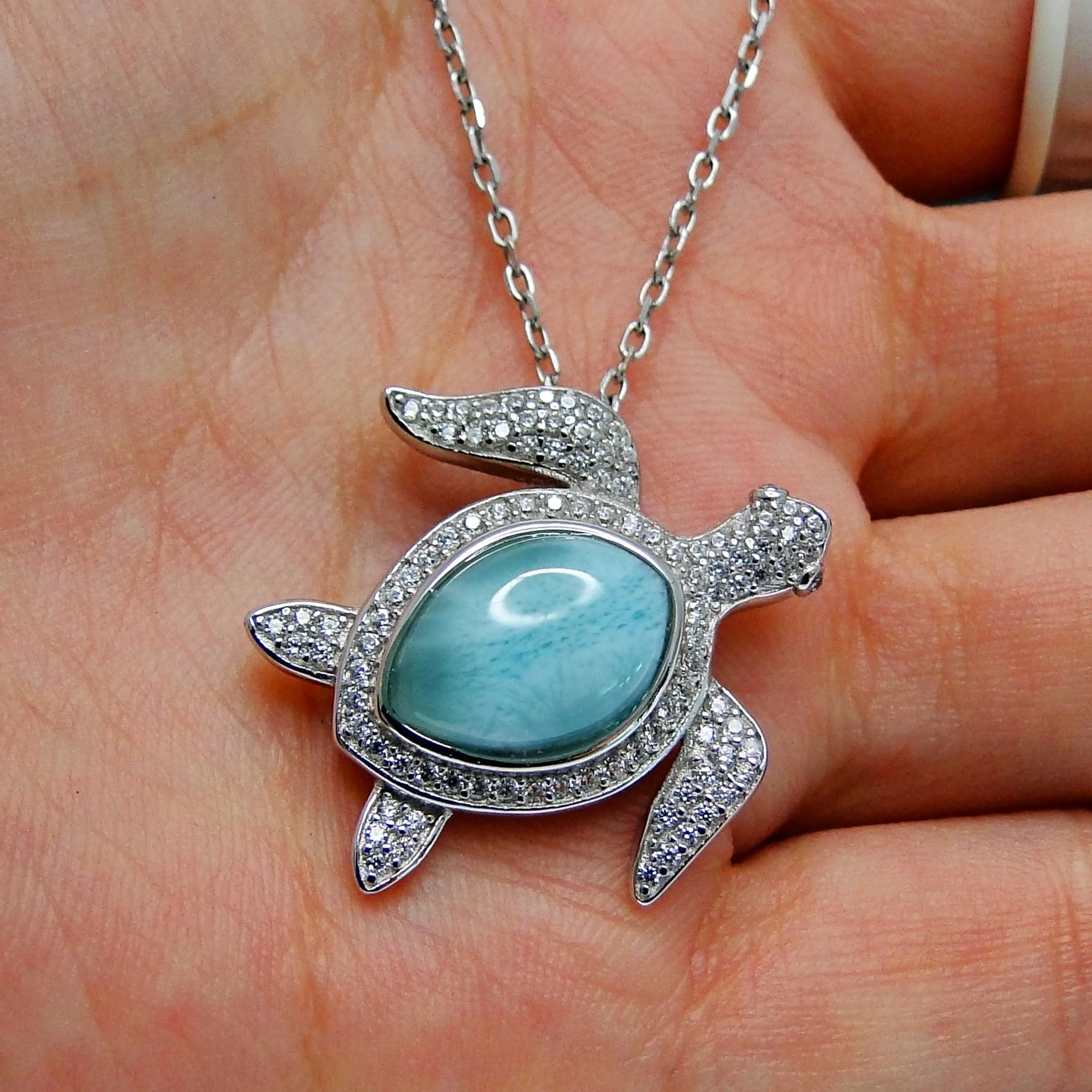 Fine Blue Larimar 925 Sterling Silver Natural Larimar Sea Turtle Pendant Necklace For Women Gift