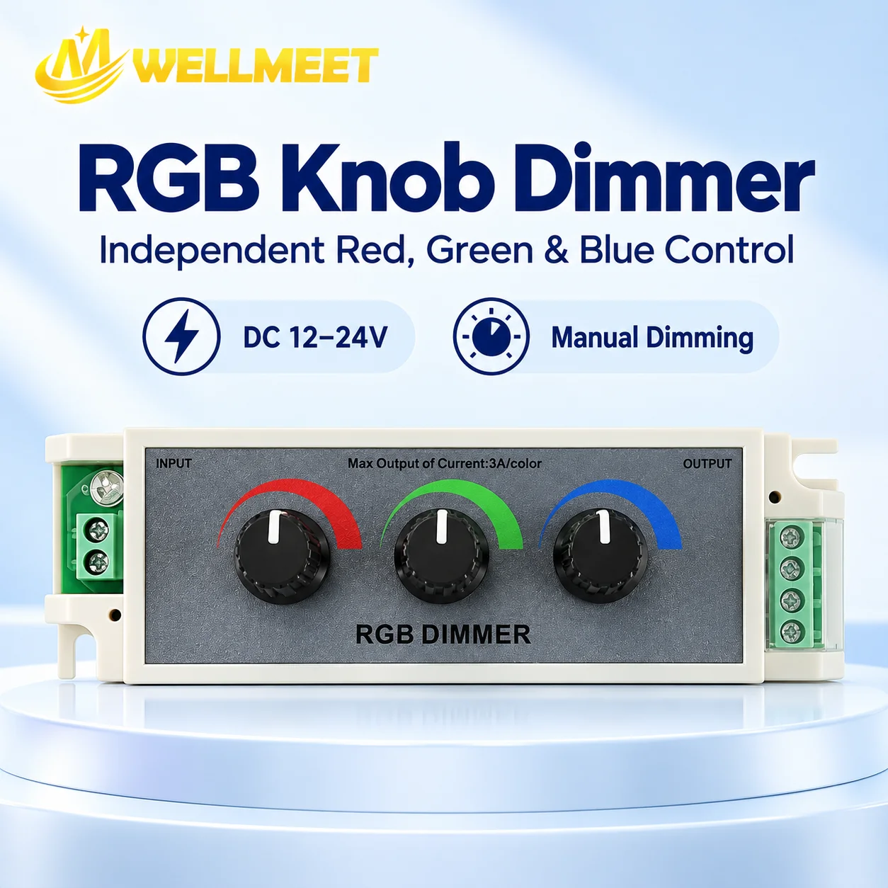 RGB LED Light Dimmer Knob Controller Switch,DC12-24V 3‑Channel Brightness Adjust Intelligently for Multi-Color LED Light Strip