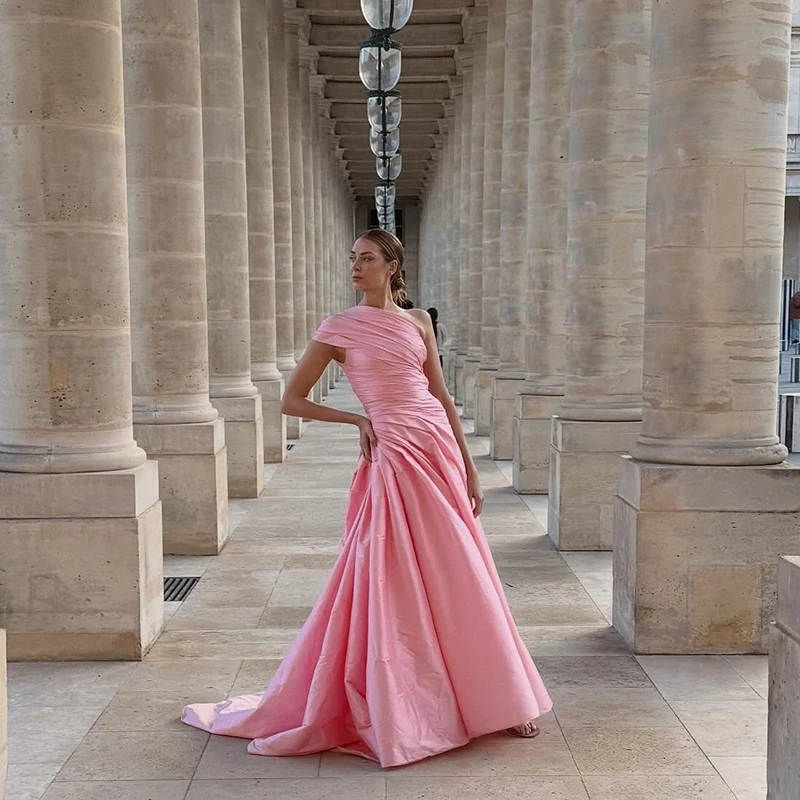 

Thinyfull Pink Mermaid Prom Dresses Women One Shoulder Satin Evening Dress Formal Night Cocktail Party Prom Gowns Customized