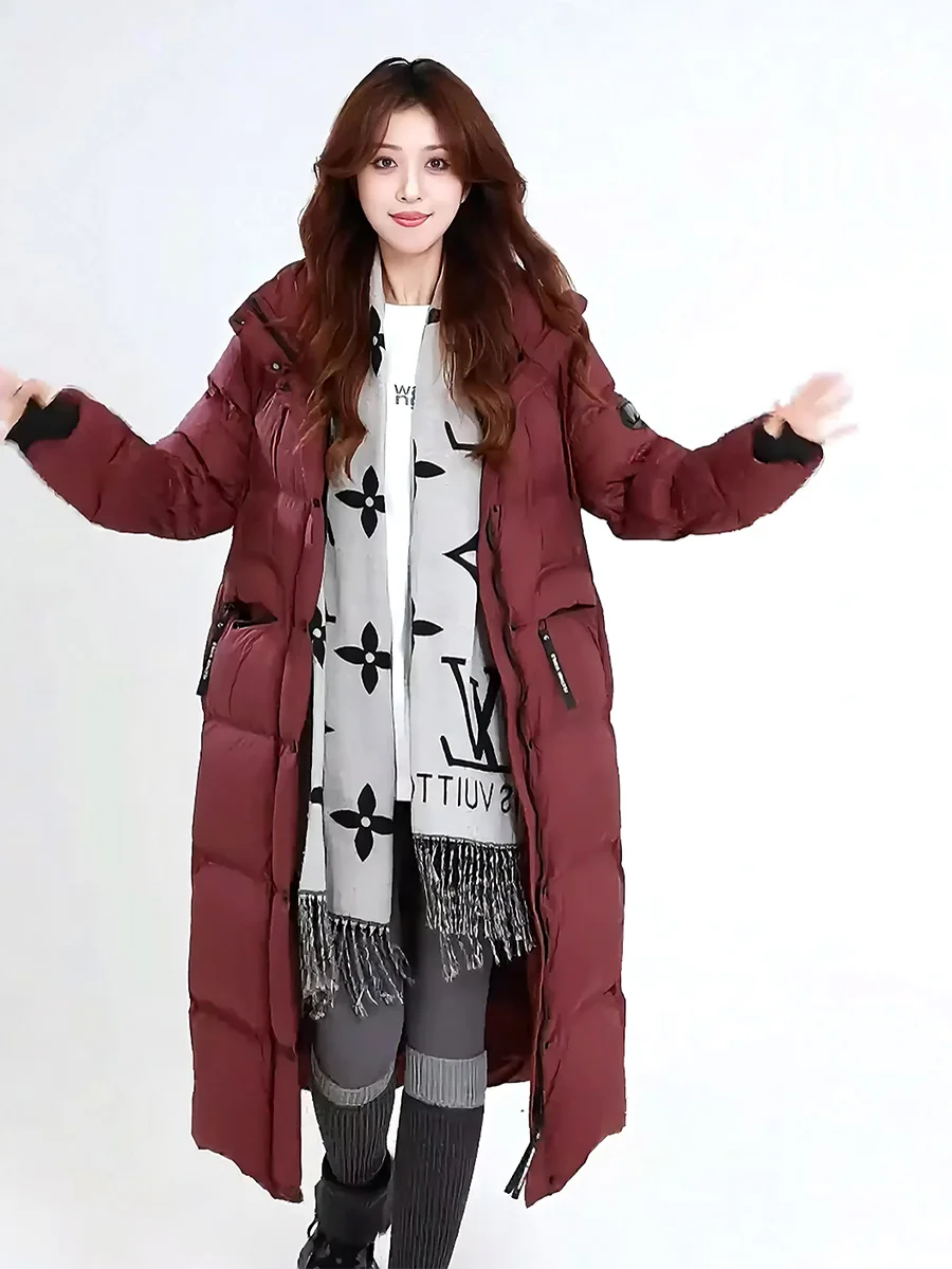 레드 다운 자켓 여성용 겨울 패셔너블 후드 스탠드 칼라 롱 브레드 슬레 코트 따뜻한 캐주얼 슬레 여성 코트