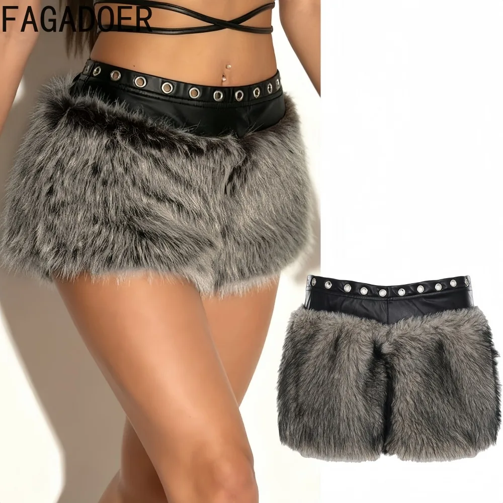 

FAGADOER Winter New Fashion Fur Leather Patchwork Bodycon Shorts Women Solid Color Hollow-out Low Waist Shorts Female Streetwear