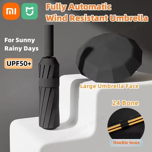 Paraguas plegable completamente automático Xiaomi 24 Bones doble hueso SPF 50 protección UV resistencia a la lluvia paraguas fuerte de resistencia al viento