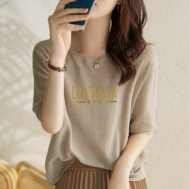 New Summer Age Reducing Linen Loose and Thin Half Sleeve Ice Silk Knitted Round Neck T-shirt for Women