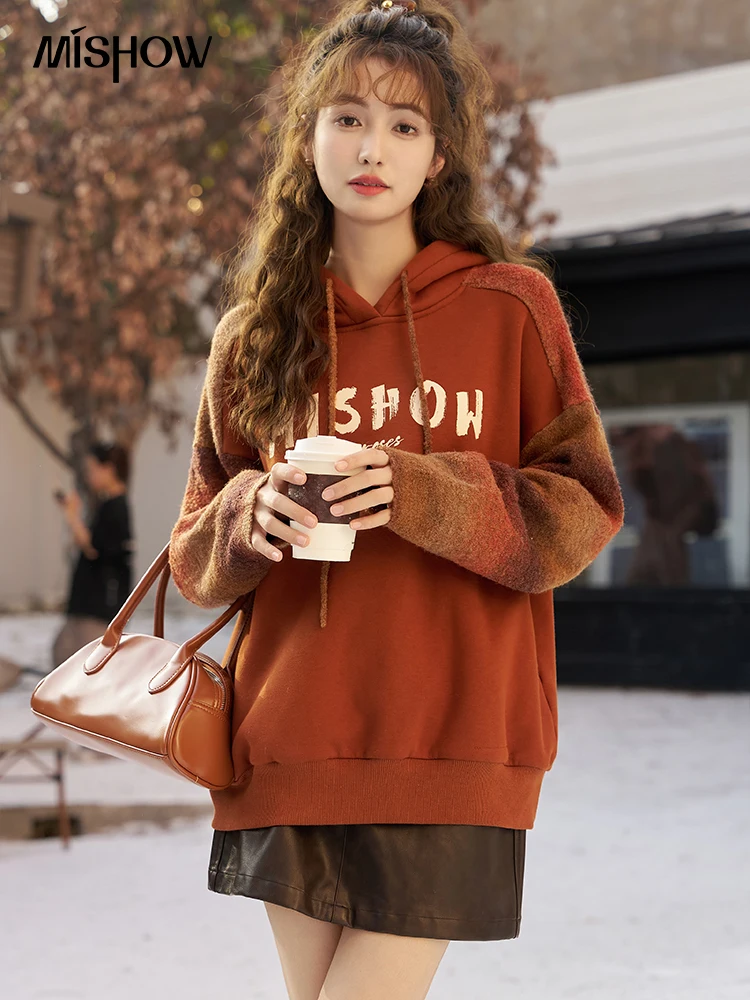 

MISHOW Letter Print Hoodies Women Autumn Winter Fleece Hooded Sweatshirt Patchwork Knitted Long Sleeve Pullover Tops MXC59V0068