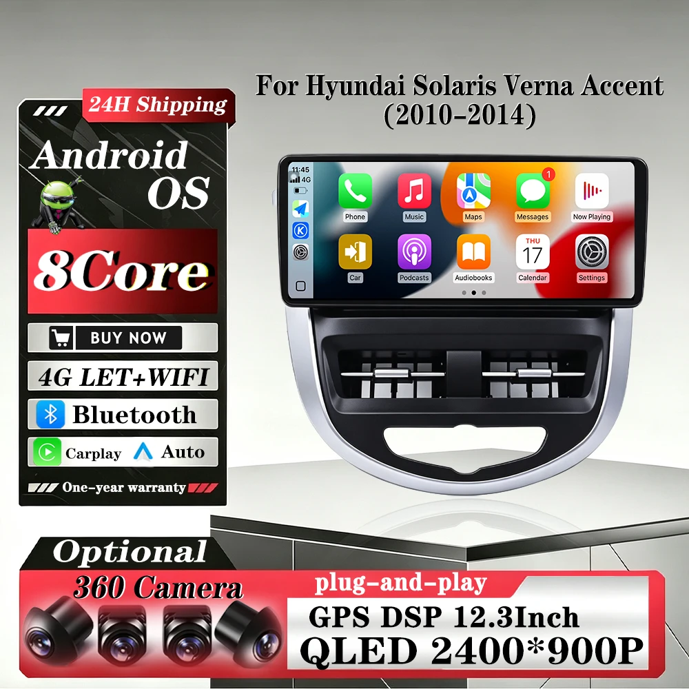 Android 16 Car Multimedia Player For Hyundai Solaris Verna Accent 2010-2014 Carplay QLED Screen Radio Stereo GPS Navigation DSP