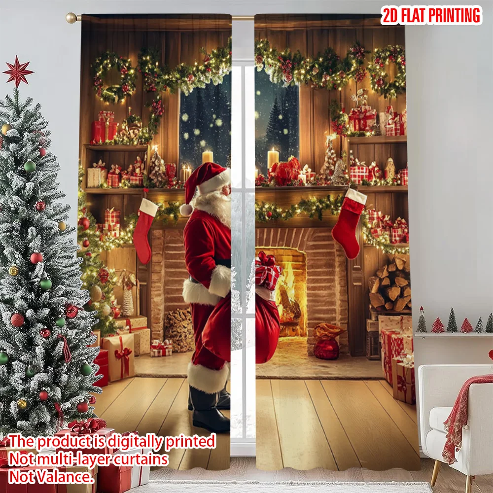 

2pcs 2D flat printing Merry Christmas Popular Party Window Curtains Father Christmas 0 Versatile Durable Polyester Without