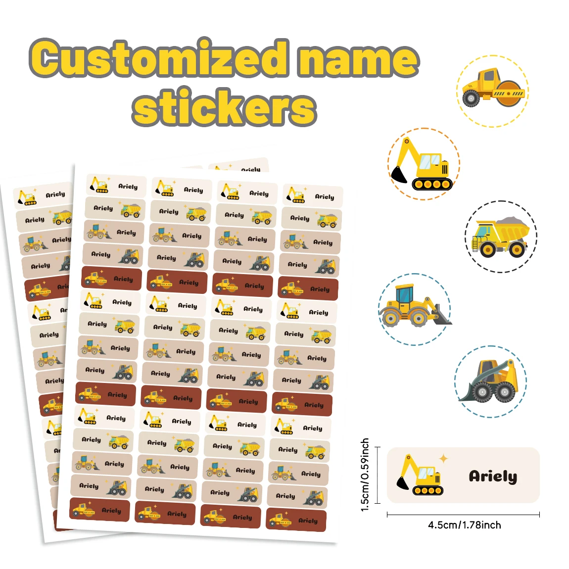 120 peças adesivos personalizados com nome infantil, etiquetas à prova d'água com tema de caminhão de construção para material escolar, livros, copos, lancheiras